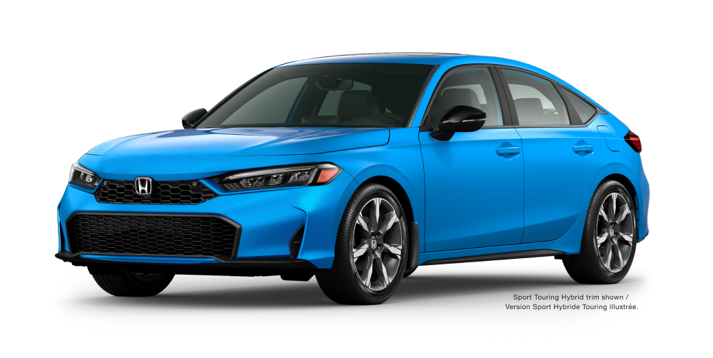 3/4 view of blue hatchback 