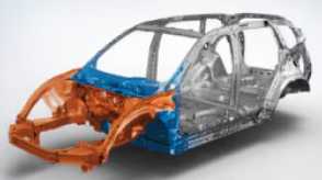 3/4 front view of Civic Hatchback body structure on white space.