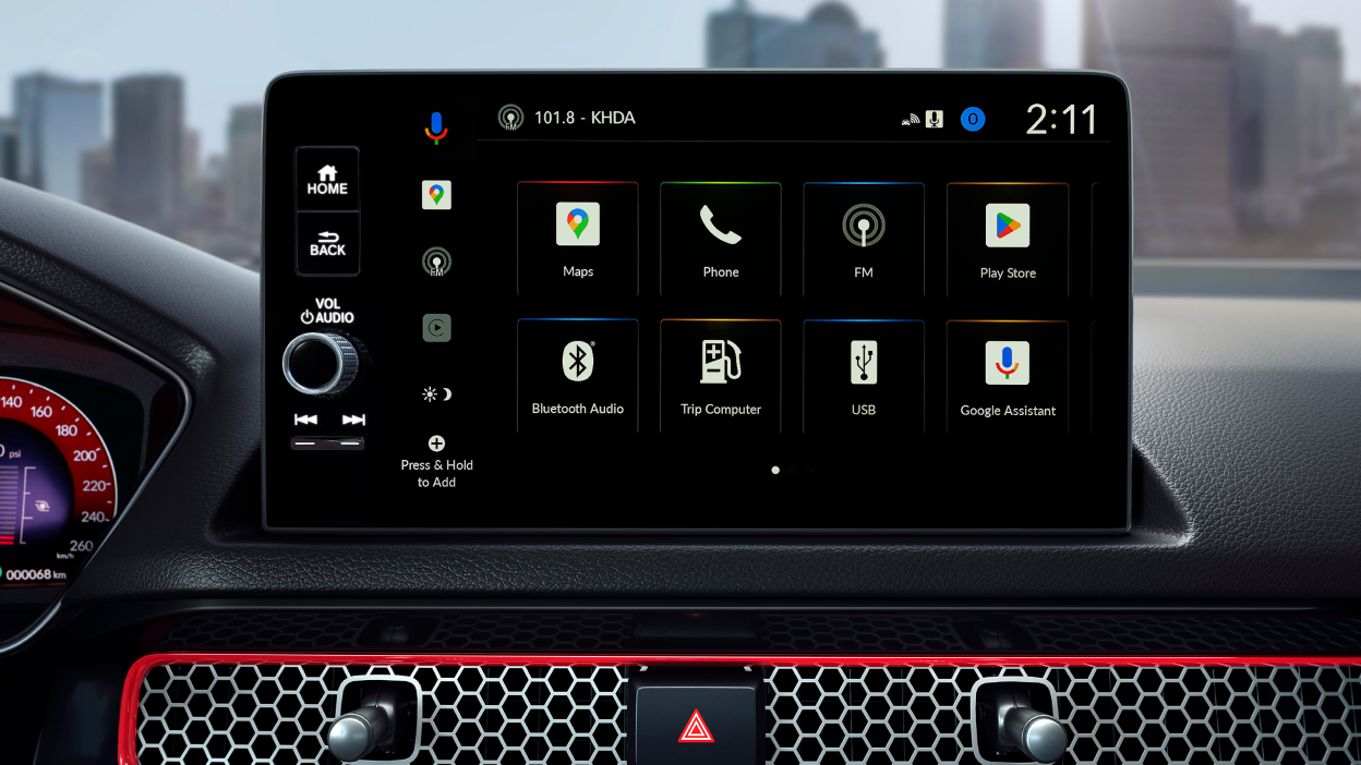 Head-on closeup of colour touchscreen displaying its home screen.