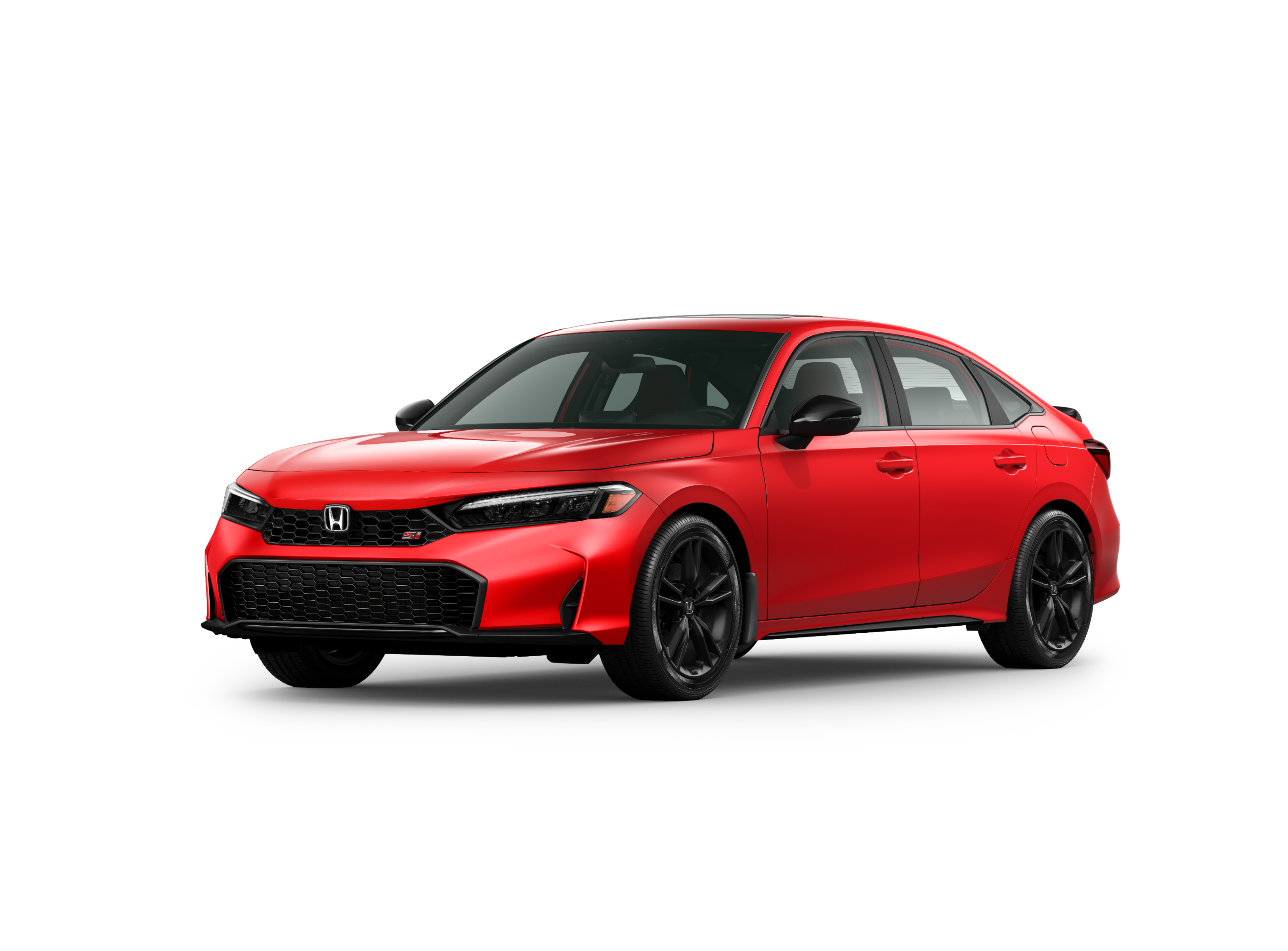 ¾ driver side front facing view of 2025 Civic Si model in Ralley Red colour
