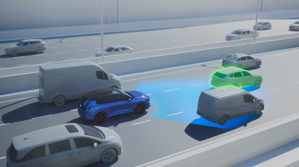 A graphic image of a vehicle on a busy highway with a swath of blue light emenating from the front.