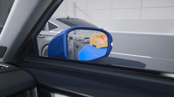 Close up of mirror with blue affects indicating Blind Spot sensing