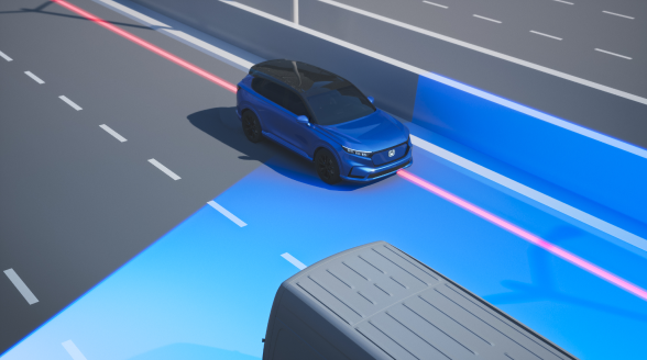 Overhead image of blue vehicle on a city highway with blue  graphic overlay demonstrating a vehicle drifting out of the lane on a highway. 