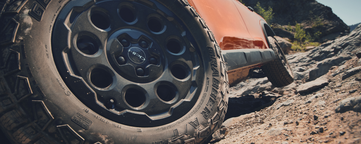 Close-up of a tire outside. 