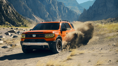 Front view of a Passport is shown driving through rugged terrain. 