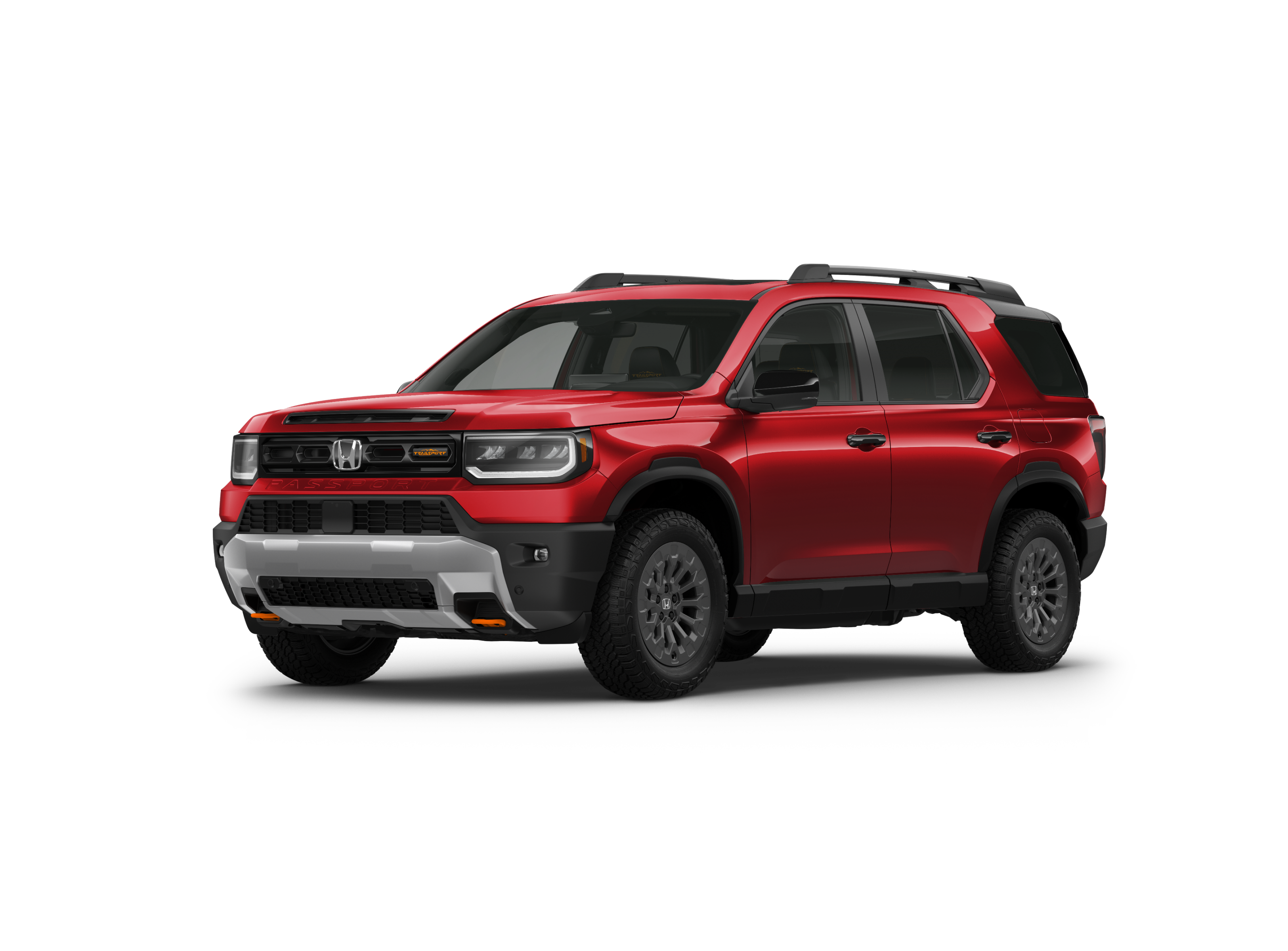 ¾ driver side front facing view of 2026 Passport TrailSport model in Radiant Red Metallic II colour